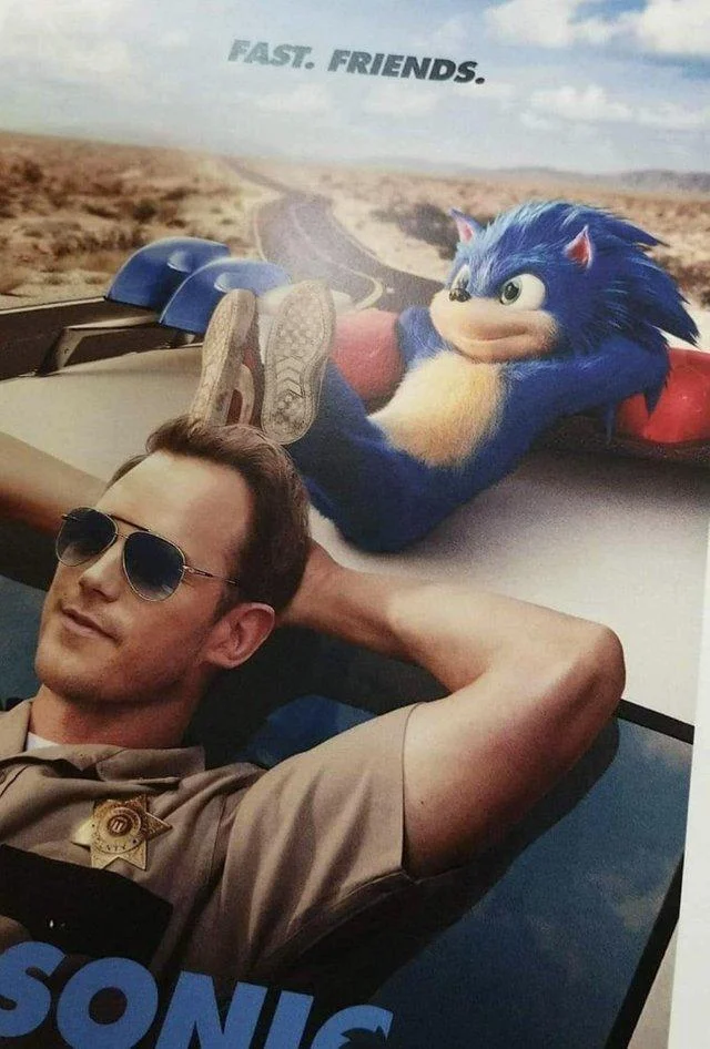 One of the film's early promotional posters that fueled the meme response to Sonic's original design.