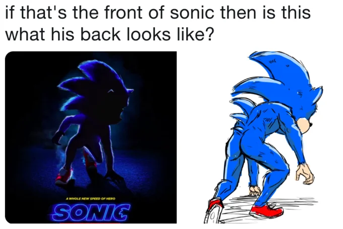 A viral meme speculating on Sonic's rear anatomy based on the silhouette used in the original teaser poster.