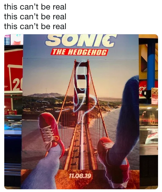 A viral photo mocking the awkward, human-like legs shown on Sonic's theater lobby poster.
