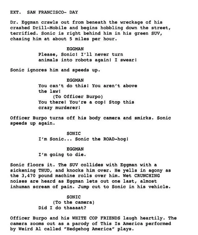 A viral parody screenplay for the Sonic movie that gained traction alongside the film's marketing controversy.