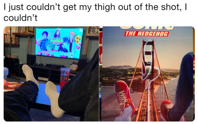 A meme lampooning the strange leg proportions on the Sonic poster by comparing them to an awkward personal photo.