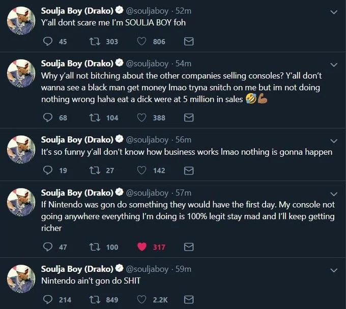 Soulja Boy's viral tweet thread dismissing Nintendo's cease-and-desist threats over his knockoff console, a defining moment of the 2018-2019 meme resurgence.