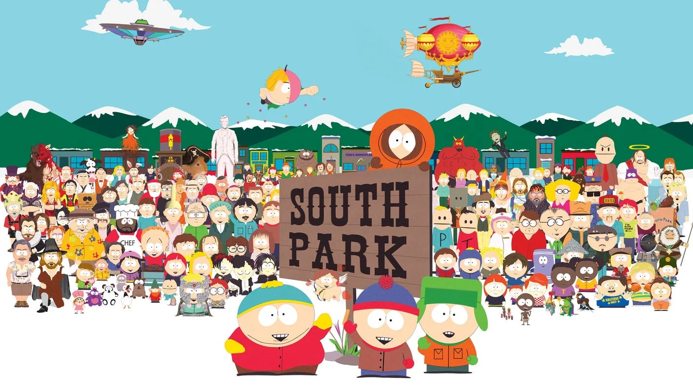 A promotional group image featuring the entire South Park character roster gathered behind the show's signature wooden sign.