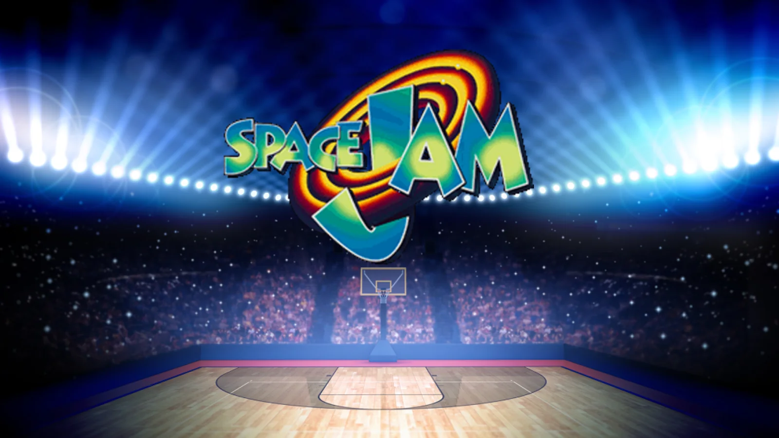 The iconic Space Jam logo set against a basketball arena backdrop, evoking the 1996 film's blend of sports and cartoon spectacle.