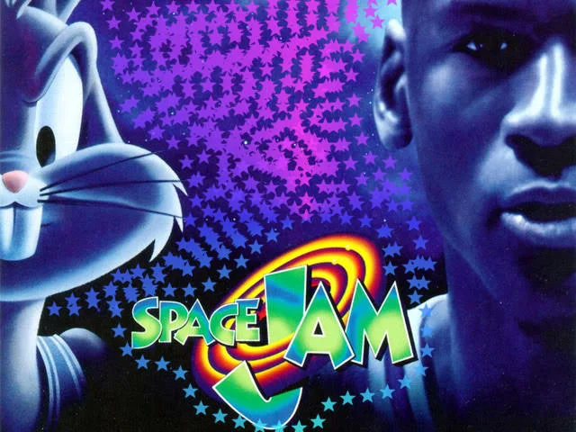 A detail of the original Space Jam movie poster featuring Michael Jordan and Bugs Bunny.