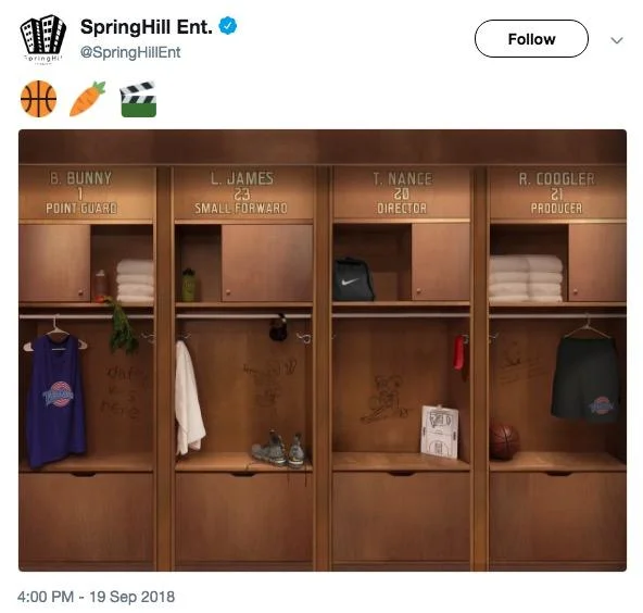SpringHill Entertainment's September 2018 tweet revealing the cast of Space Jam 2 through a locker room image.