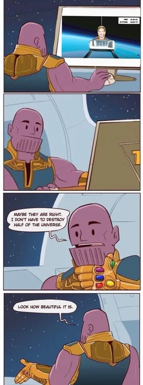 Thanos space lasagna discussion meme.