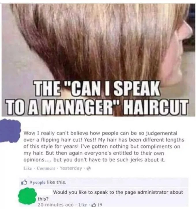 A viral Facebook exchange in which a user defends the hairstyle, prompting a joking offer to fetch the page administrator.