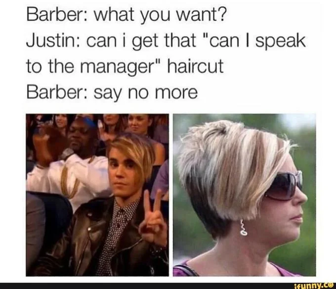 An escalation meme pairing progressively larger hairstyles with increasingly senior corporate targets to speak with.
