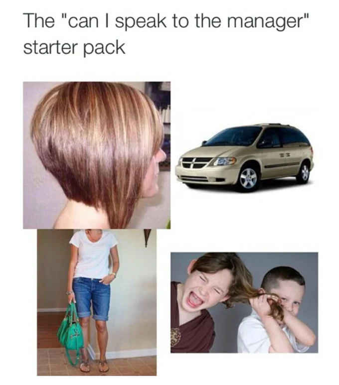 A 'starter pack' meme lampooning the stereotypical suburban mom persona associated with the 'Can I speak to the manager' trope.