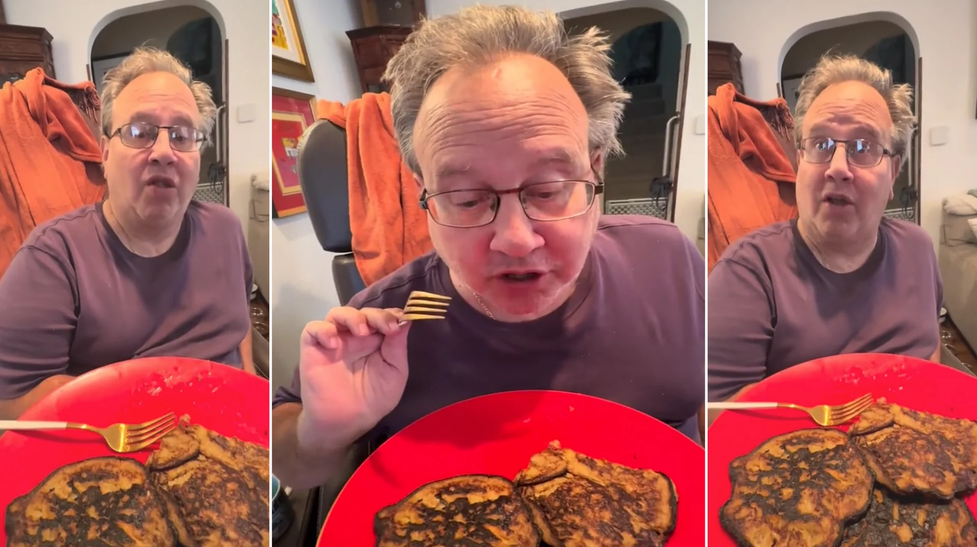 Screenshot from the viral video where the man tastes pancakes and exclaims 'Spectacular! Give me 14 of them right now!'