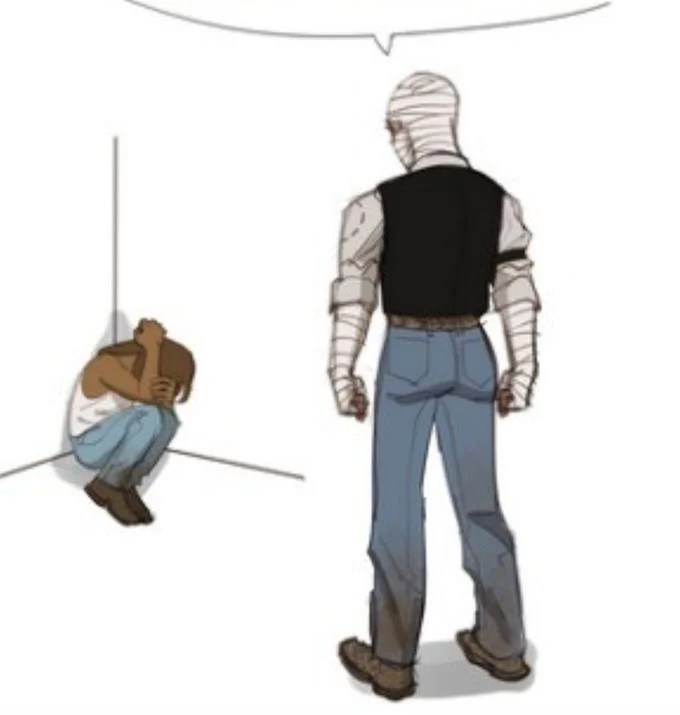 The 'bandaged man towering over a crying child' comic panel repurposed as a speech-bubbling reaction, framing the target as the intimidator.
