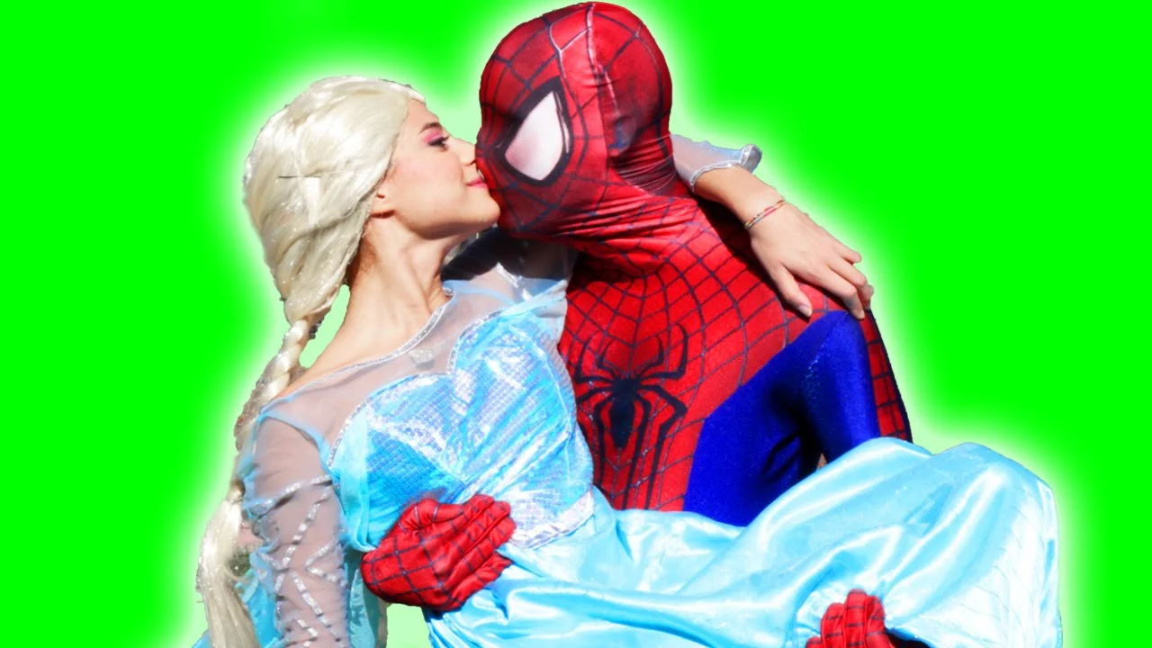 A typical Elsagate YouTube video thumbnail featuring live-action cosplayers of Spider-Man and Elsa in a romantic pose.