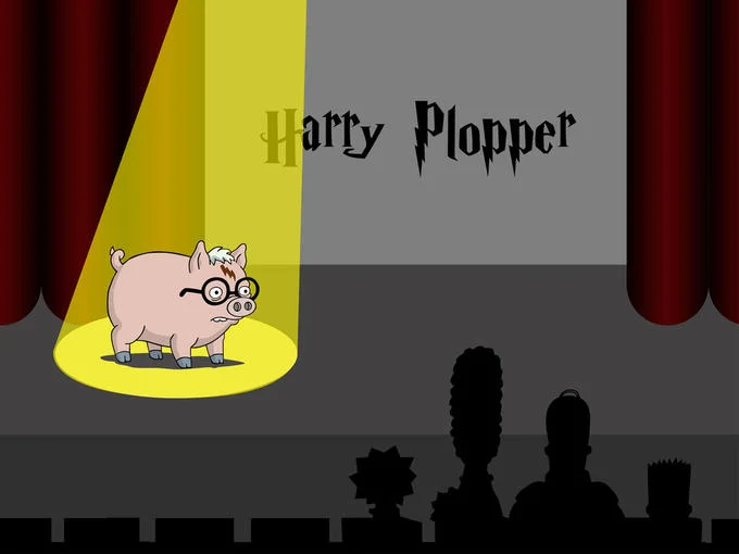 Fan-made parody image depicting Plopper as 'Harry Plopper', combining the Spider-Pig meme with Harry Potter iconography.