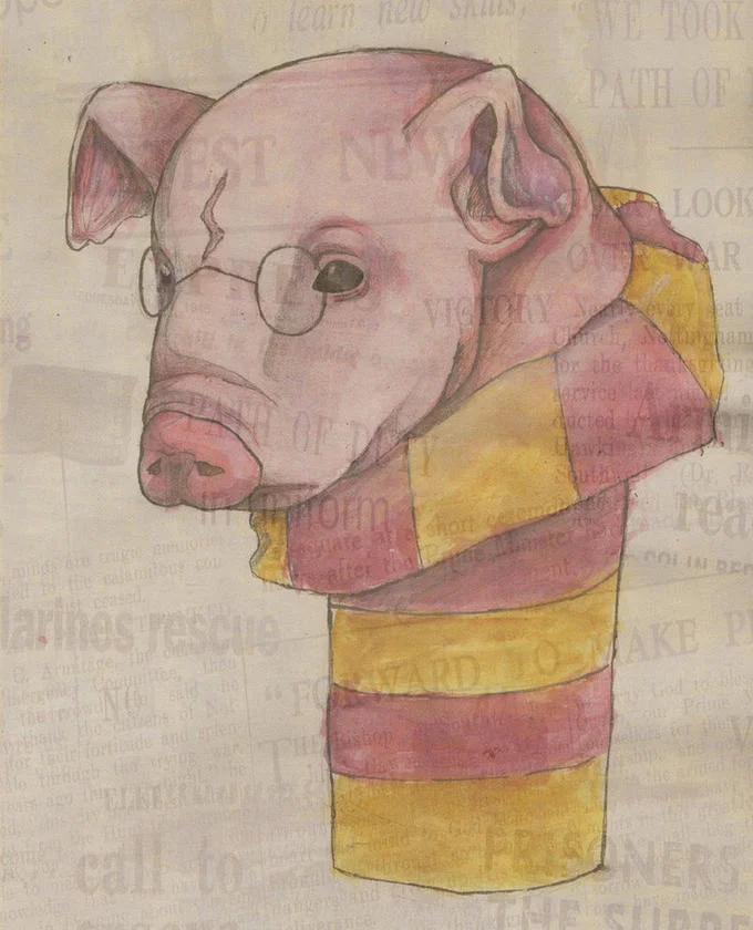 An artistic watercolor rendering of Harry Plopper, mixing Harry Potter's iconic look with the Spider-Pig character.