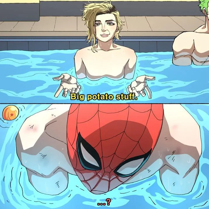 A fan-made comic parody riffing on the Spider-Man: Brand New Day pool feet scene using an anime crossover joke.