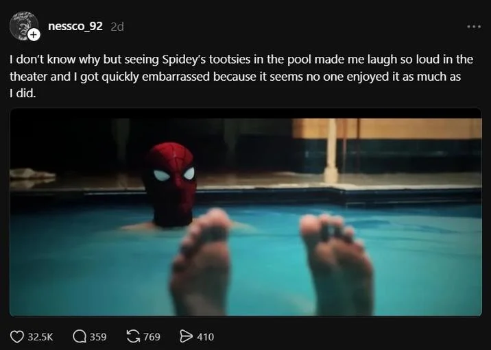 A viral Threads reaction post from user nessco_92 sharing embarrassment at laughing at Spidey's "tootsies" in the theater.