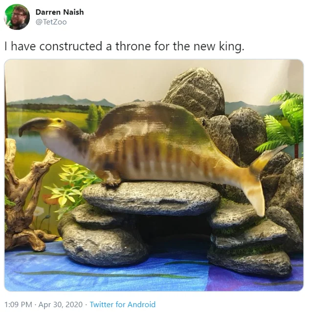 Paleontologist Darren Naish's 2020 tweet displaying a physical model of the revised aquatic Spinosaurus, a moment often cited in the meme's origin.