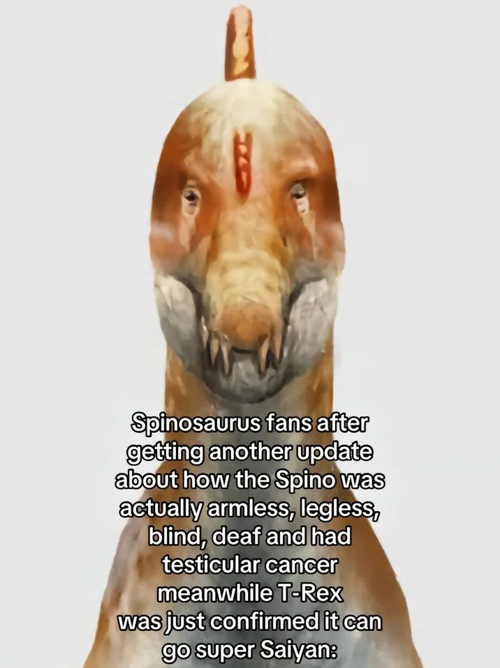 A popular reaction meme lamenting the endless nerfs to Spinosaurus in paleontology updates while T-Rex receives buffs.