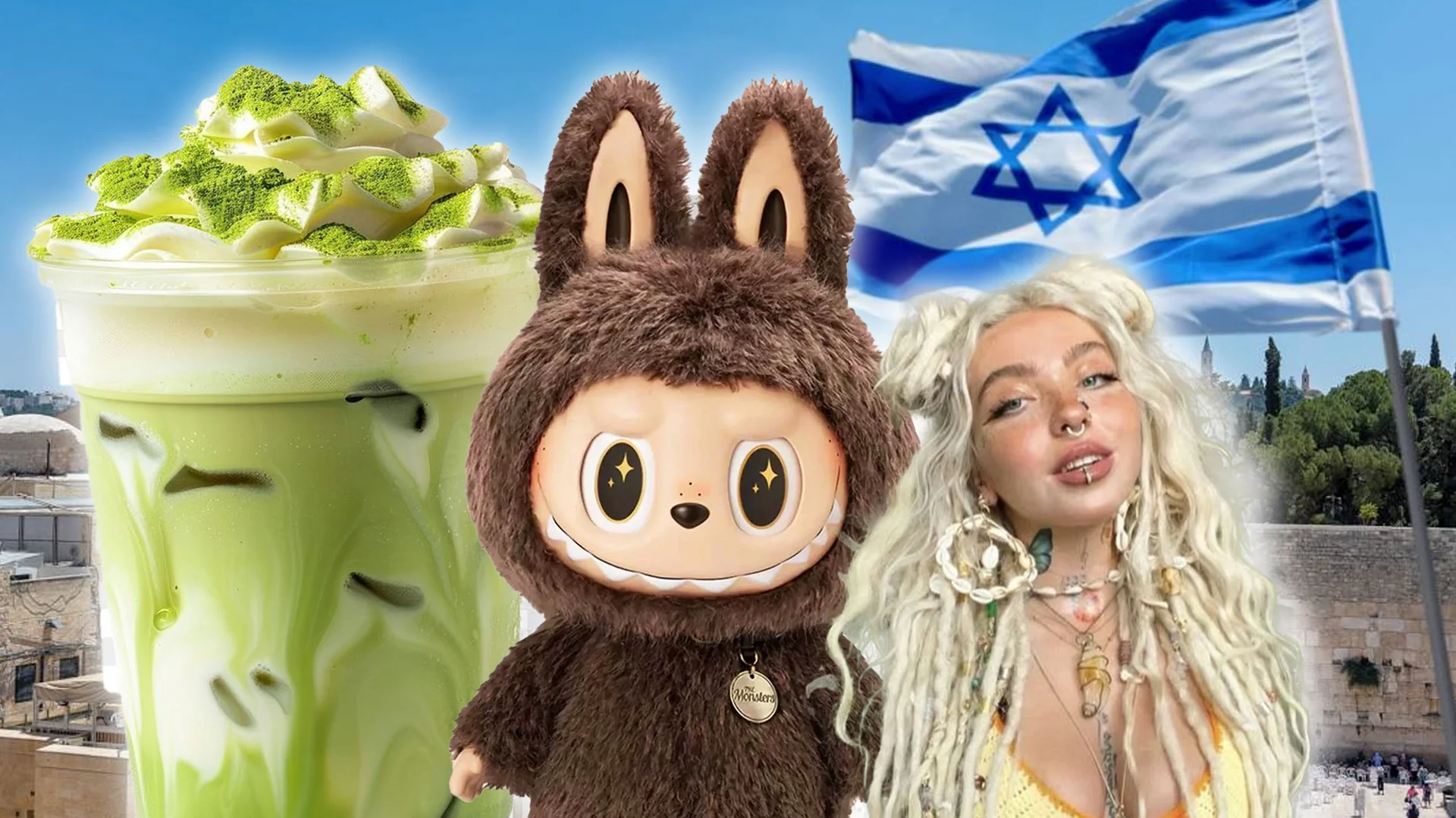 The header image for Spiritually Israeli, combining various elements associated with the meme including matcha drinks and the Israeli flag.