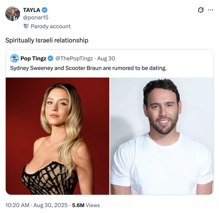 A tweet applying the meme to celebrity relationship rumors between Sydney Sweeney and Scooter Braun.