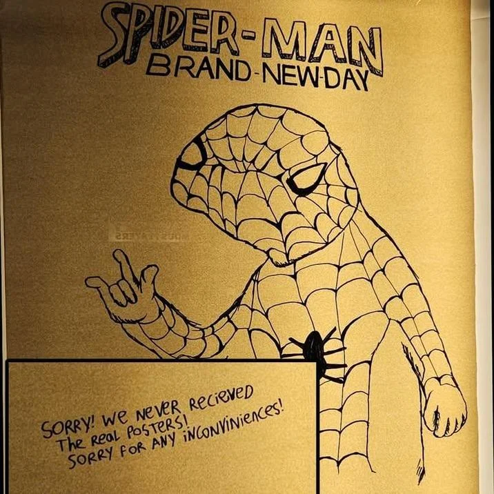 Detailed view of the viral hand-drawn Spoderman-style Spider-Man: Brand New Day theater poster created as a stand-in for missing official promotional materials.