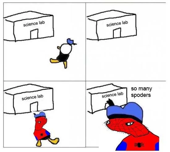 A four-panel Spoderman comic parodying Peter Parker's origin story, ending with the punchline 'so many spoders'.