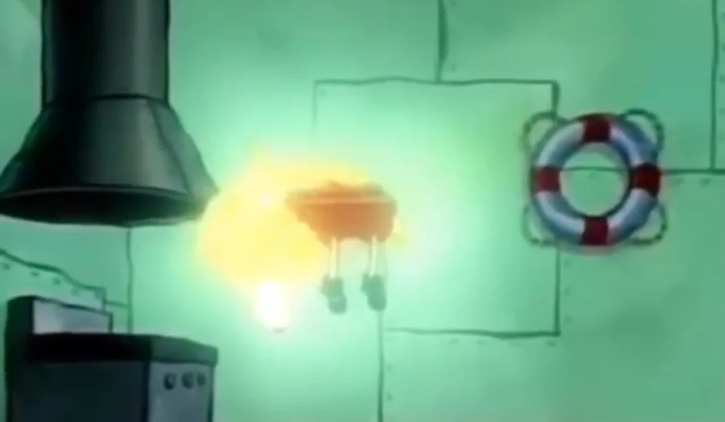 The scene of SpongeBob levitating in the Krusty Krab kitchen that is synced with Kanye West's 'Wolves' in the popular meme edit.