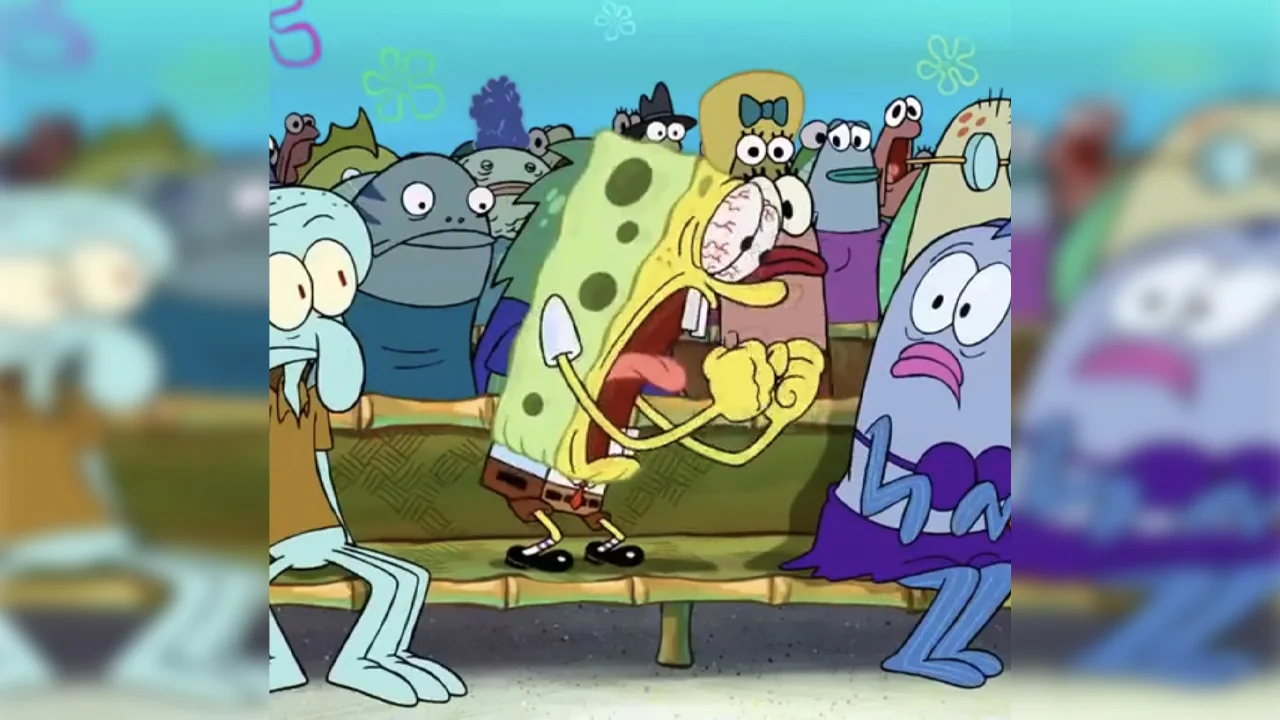 The unedited SpongeBob screaming reaction shot from the SpongeBob SquarePants episode that serves as the base template for the 'I Fucking Love X' meme format.