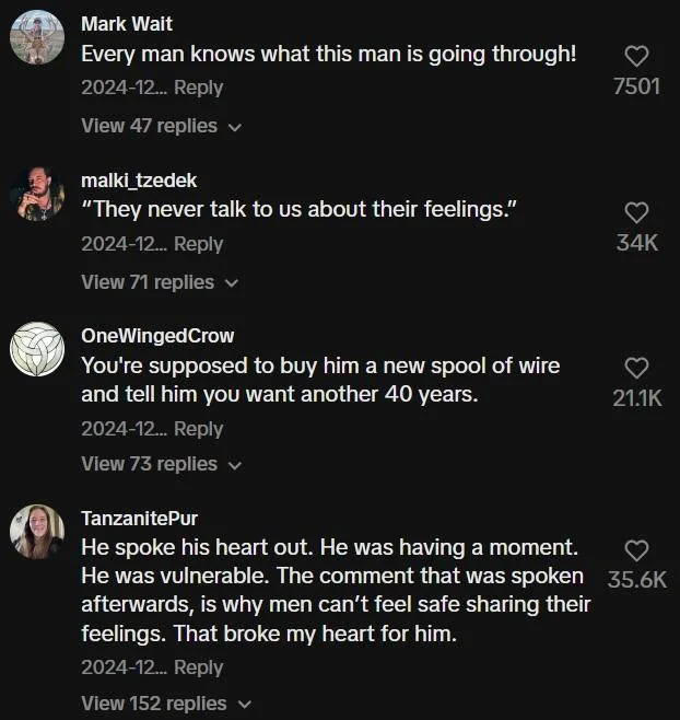 TikTok users react with sympathy to the Spool of Wire Guy's emotional moment, with many defending his vulnerability.