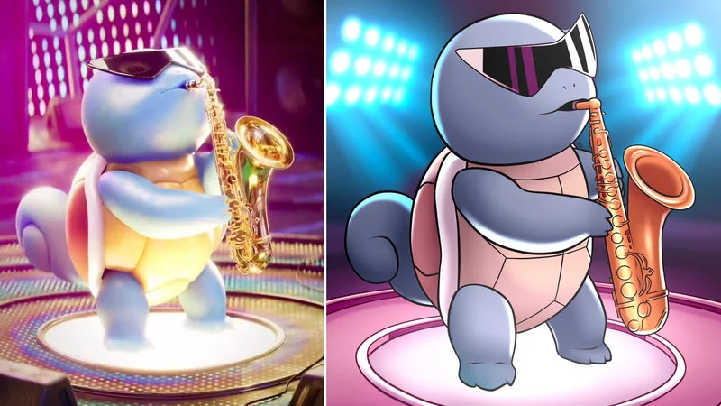Squirtle performing saxophone with neon backdrop.