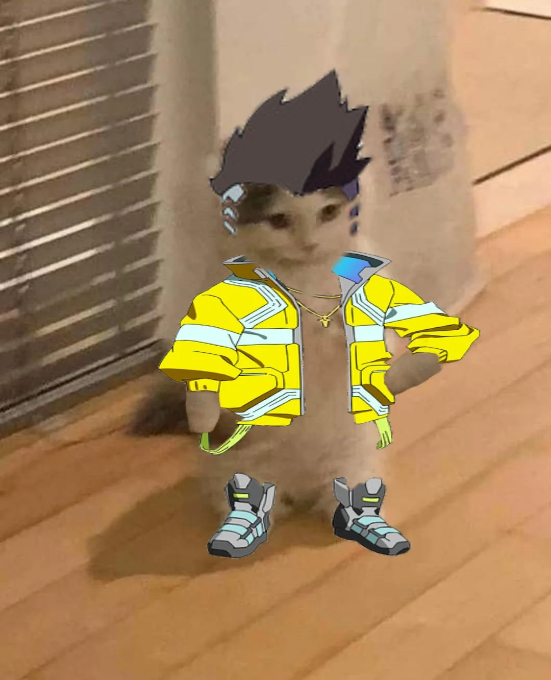 A drip edit of the standing cat photo, dressed up in an anime-style cyberpunk outfit as part of the meme's stylized remix trend.