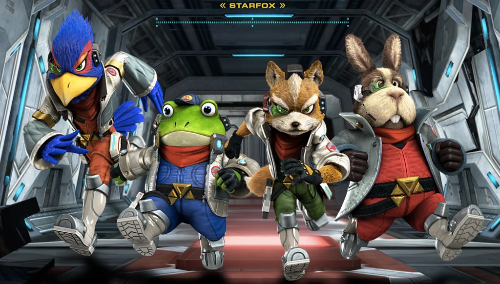 Official Star Fox promotional artwork featuring the core team of Fox McCloud, Falco Lombardi, Slippy Toad, and Peppy Hare.