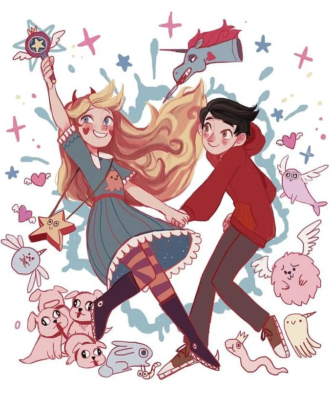 Fan-painted scene of Star and Marco with creatures from the series.