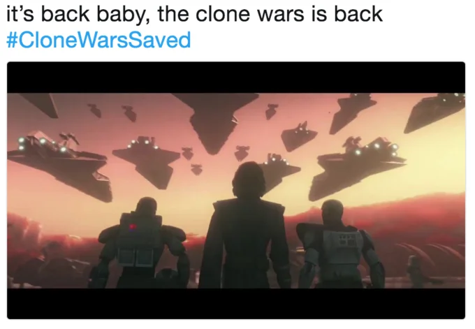 Fan tweet celebrating the announcement that Star Wars: The Clone Wars would return, using the #CloneWarsSaved hashtag.