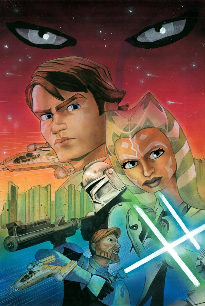 Painted artwork featuring central heroes of Star Wars: The Clone Wars beneath the menacing gaze of a Sith Lord.