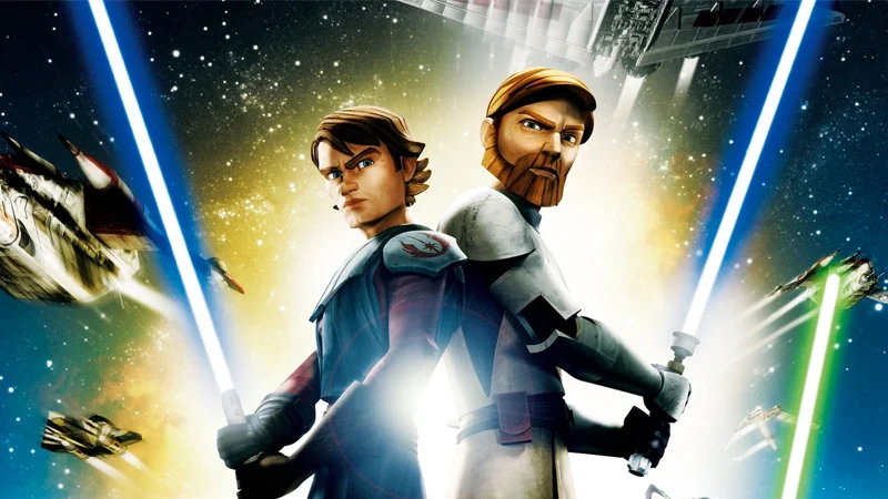 Official promotional artwork for Star Wars: The Clone Wars animated series featuring Anakin Skywalker and Obi-Wan Kenobi.