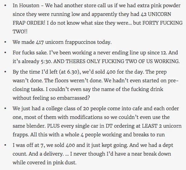 Anonymous Starbucks baristas vented online about the impossible workload created by the Unicorn Frappuccino launch, adding fuel to the viral moment.