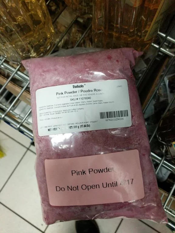 A leaked photo of Starbucks' branded pink powder for the Unicorn Frappuccino, marked with a strict launch date, foreshadowed the chaos of the drink's release.