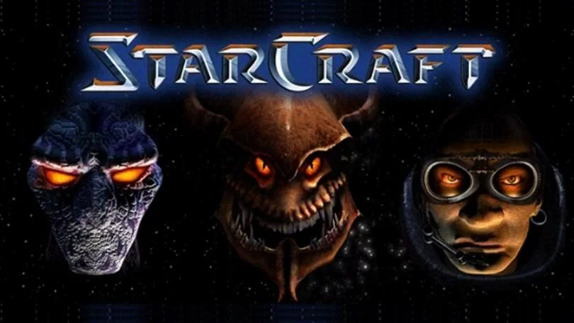 Promotional banner for Blizzard Entertainment's StarCraft showcasing the game's three iconic factions: Protoss, Zerg, and Terran.