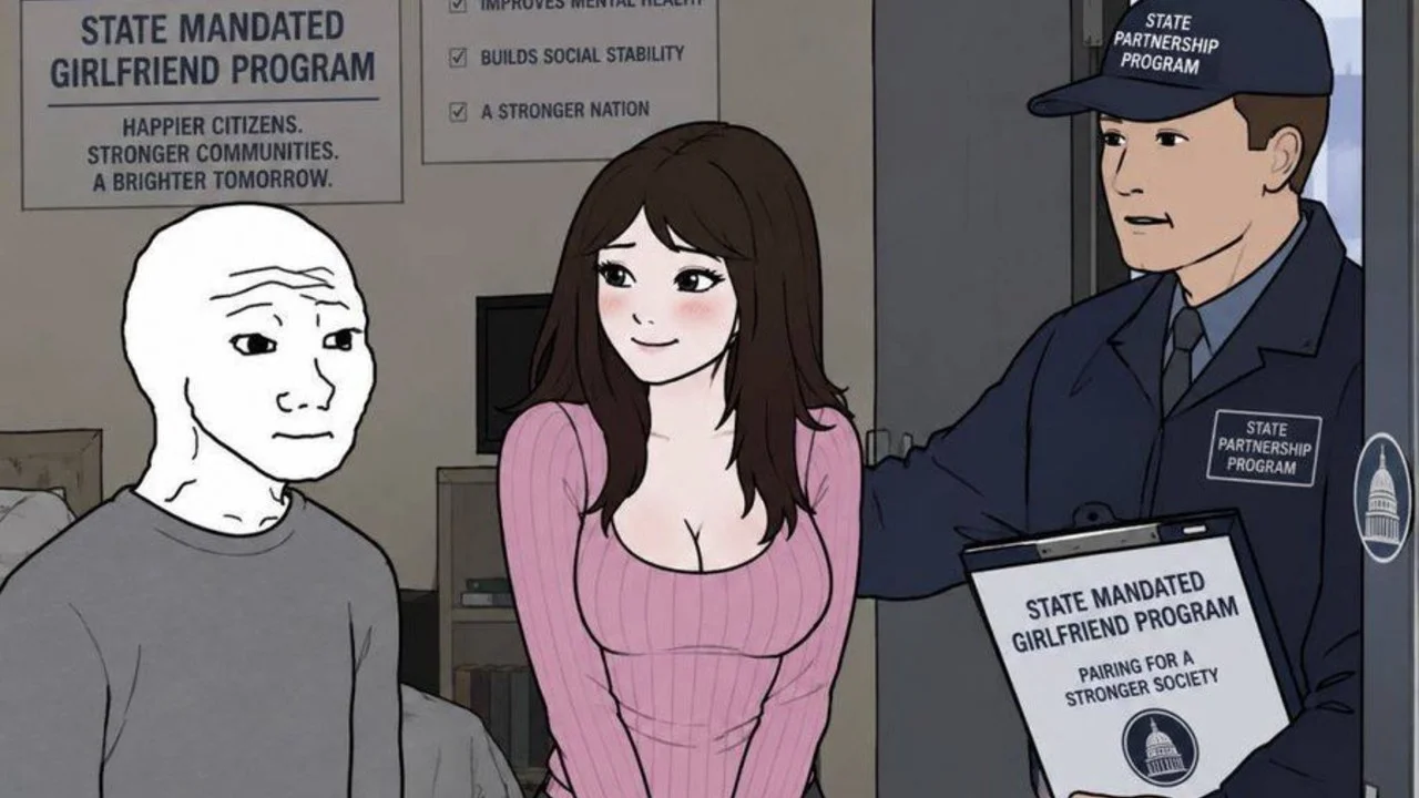 The signature 'State Mandated Girlfriend Program' cartoon that became the meme's iconic image.