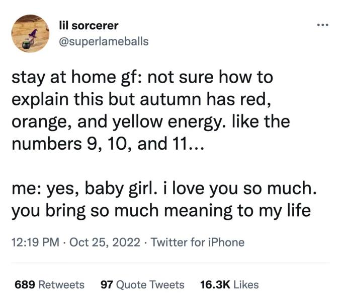 A popular joke tweet parodying the perceived vapidity of 'stay at home girlfriend' relationships, earning 16.3K likes.