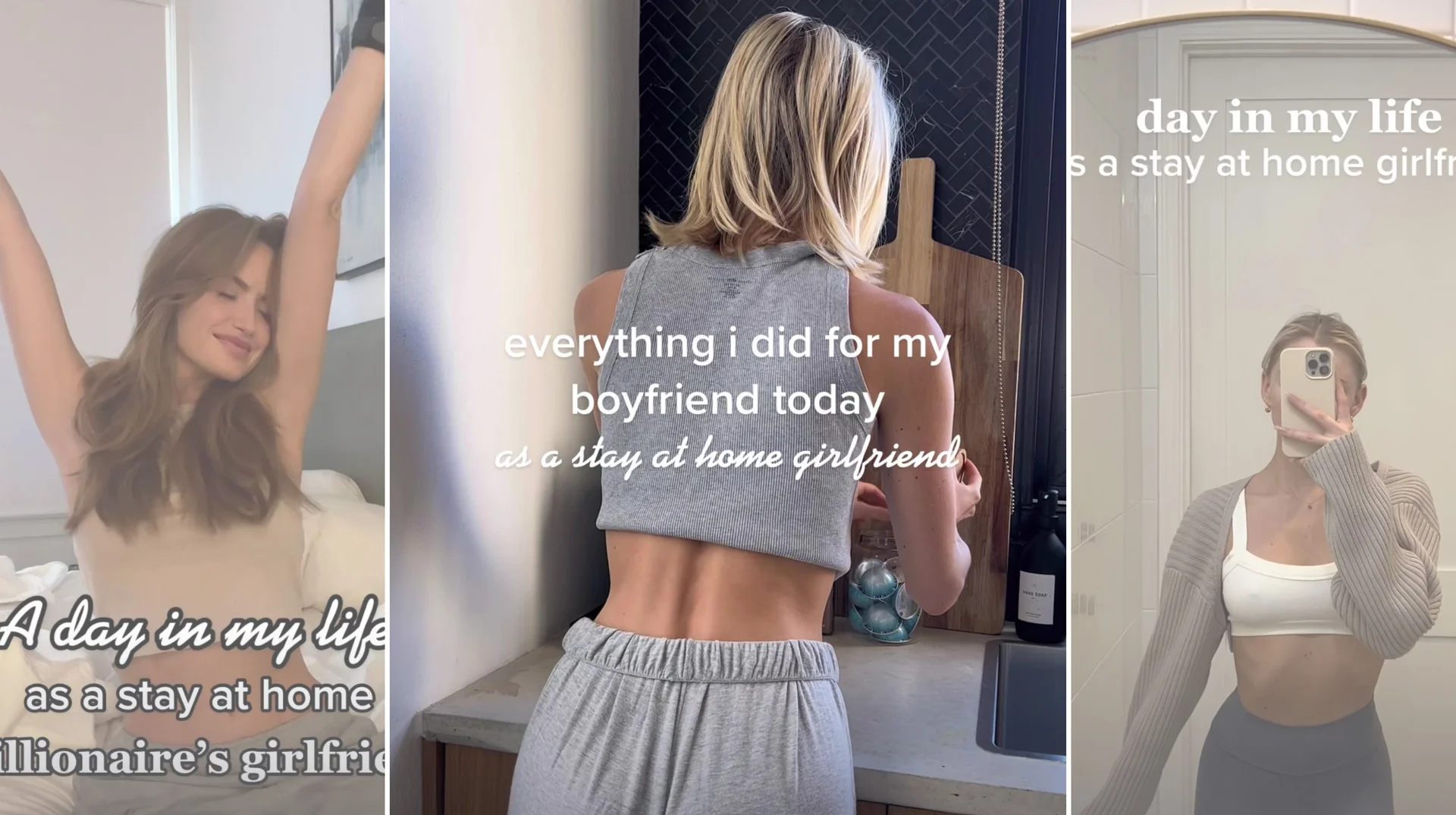 Collage of viral TikTok videos where creators document their daily routines as 'stay at home girlfriends,' the trend that spawned the meme.