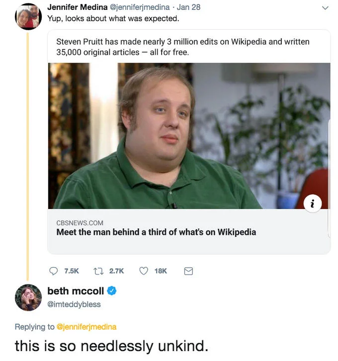 One of many critical replies to Jennifer Medina's tweet, with writer Beth McColl calling the post 'needlessly unkind.'