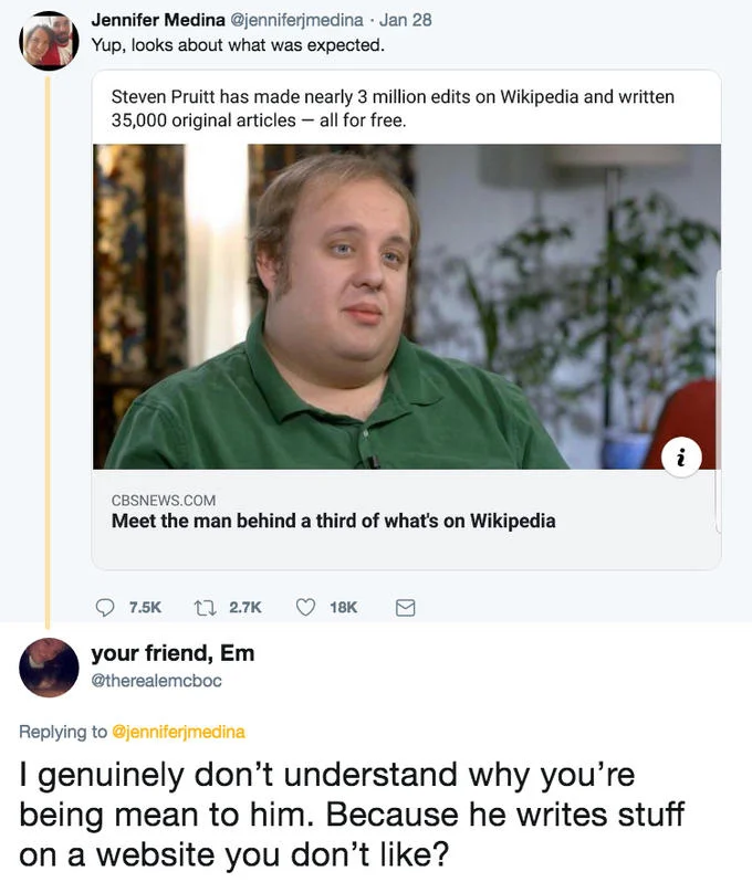 A user's reply pushing back on Jennifer Medina's mocking tweet, defending Steven Pruitt's Wikipedia contributions.