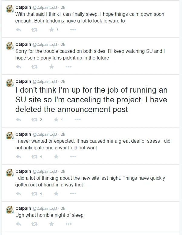 Tweets from brony community figure Calpain discussing the cancellation of his proposed Steven Universe fan site amid fandom controversy.