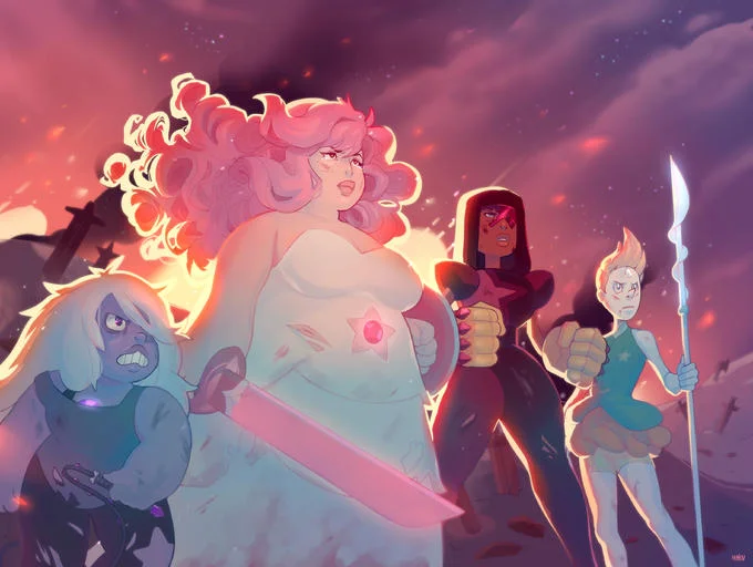 Fan art of the original Crystal Gems from Steven Universe standing on the Gem war battlefield.