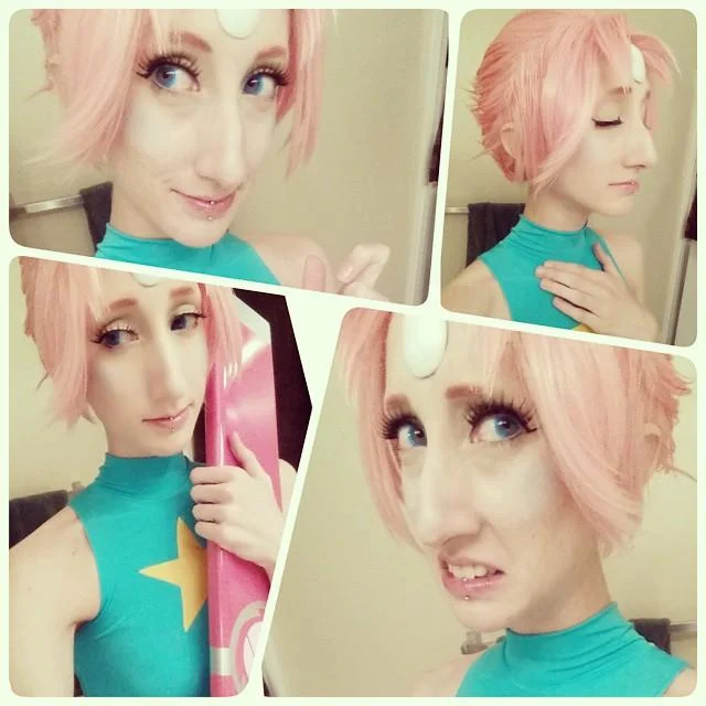 Cosplay collage showing multiple angles of a Pearl costume from Steven Universe.