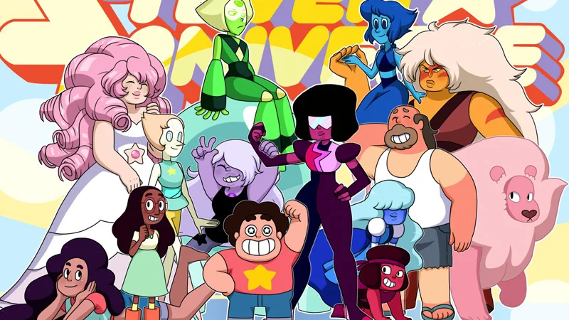 Promotional group art for Cartoon Network's Steven Universe showing the show's main ensemble cast.