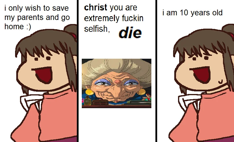 A popular meme highlighting the harsh treatment of the ten-year-old protagonist Chihiro by the witch Yubaba in Studio Ghibli's Spirited Away.